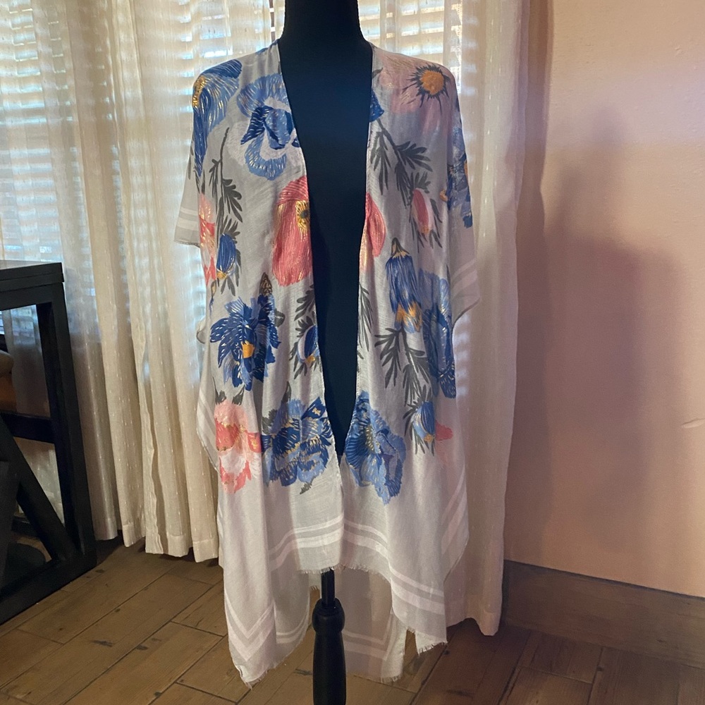 COPY - Gorgeous Floral Kimono Blue Orange Gold Accent Cascading Women Top Blouse